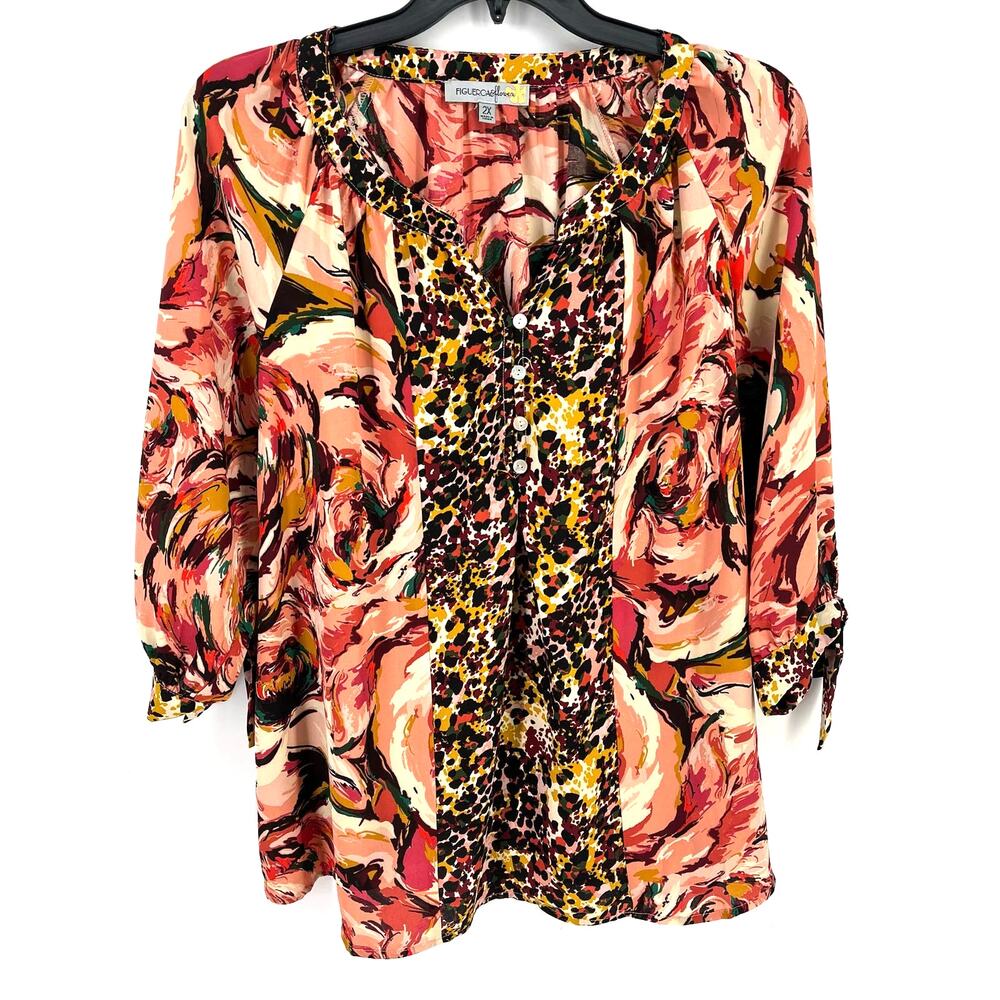 Figueroa & Flower Pink Floral Blouse Shirt Womens Plus Size 2X 3/4 Sleeves